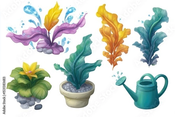 Obraz Colorful water plants with vibrant leaves and a watering can in a whimsical garden setting