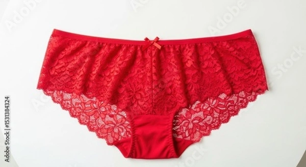 Fototapeta Red lace women underwear with floral patterns and small decorative bow on a plain background