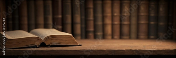Fototapeta Old Books on Wooden Table in Rustic Library Setting with contemplative mood of vintage knowledgee with copy space