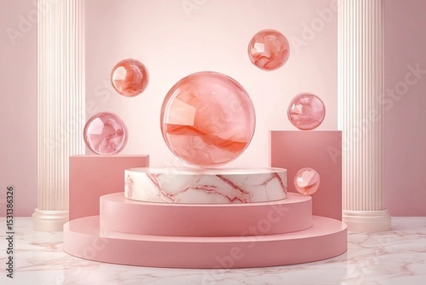 Obraz Pastel product display with glass spheres and marble base
