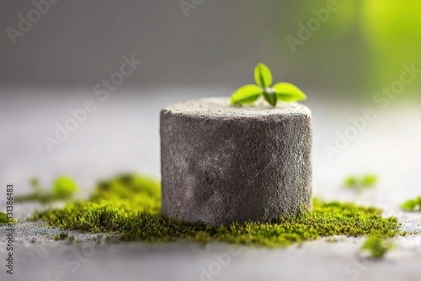 Obraz Organic product scene with concrete base and moss for nature-themed branding
