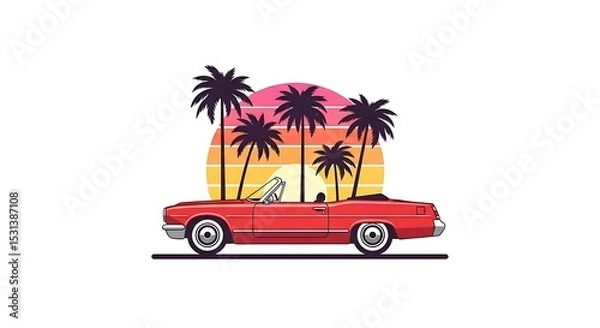 Fototapeta A red convertible car parked in front of a sunset and palm trees.
