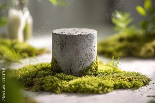 Obraz Organic product scene with concrete base and moss for nature-themed branding
