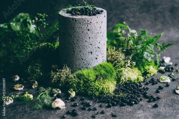 Obraz Organic product scene with concrete base and moss for nature-themed branding
