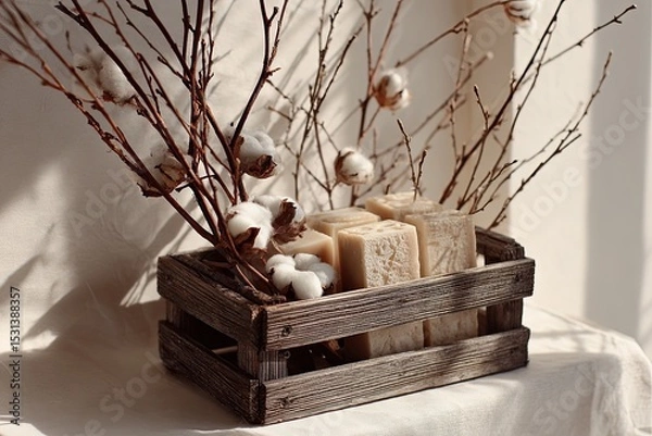 Fototapeta Wooden crate filled with beige soaps, surrounded by cotton branches