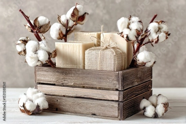 Fototapeta Wooden crate filled with beige soaps and cotton branches