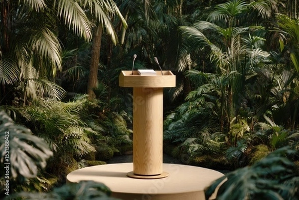 Fototapeta Wooden podium in a lush, tropical setting