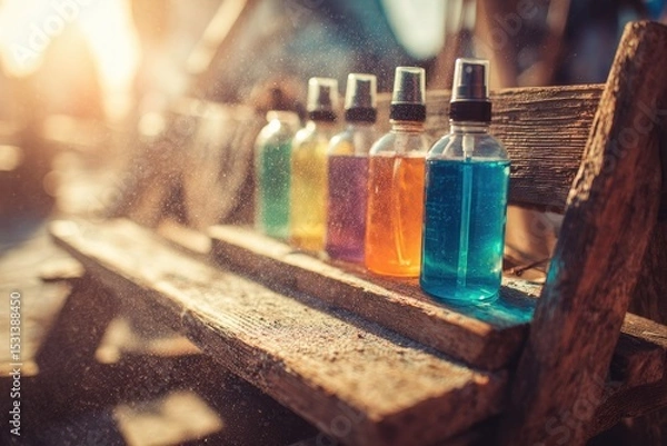 Fototapeta Colorful spray bottles lined up on a rustic wooden bench, bathed in sunlight