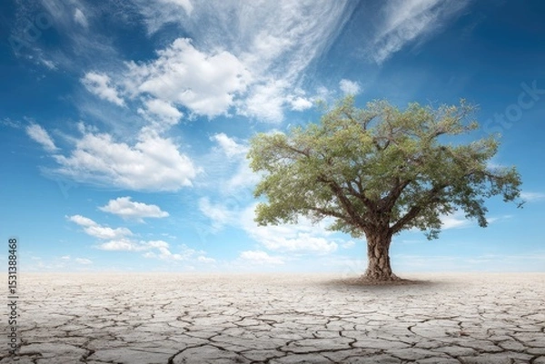 Fototapeta A lone tree stands on a cracked, dry landscape under a partly cloudy sky