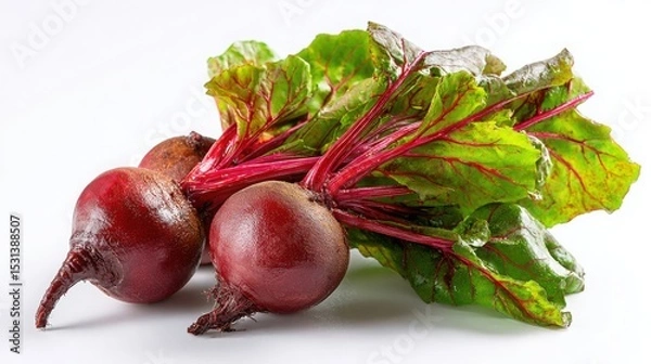 Obraz Fresh red beetroots with green leaves on white background