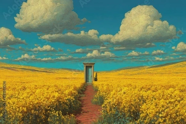Fototapeta A vibrant, stylized path leads to a teal door in a field of yellow flowers under a vast, cloudy sky