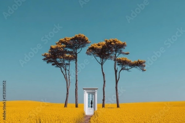 Fototapeta White doorway in a field of yellow flowers, with three tall pines