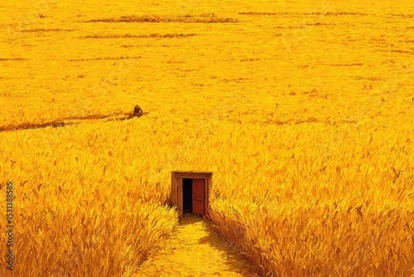 Fototapeta Golden field path to a dark door
