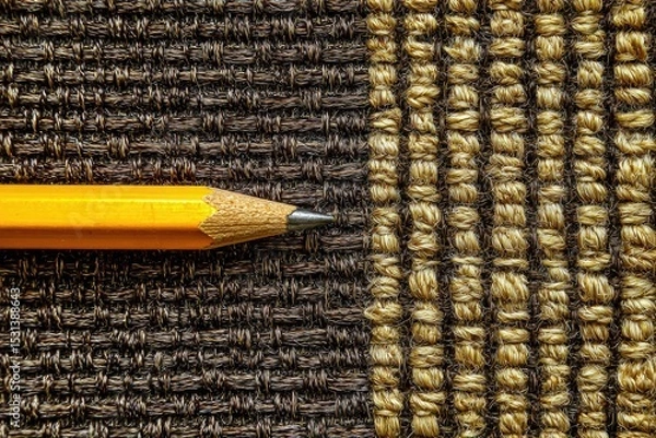 Fototapeta A yellow pencil lies on a dark brown and gold woven fabric