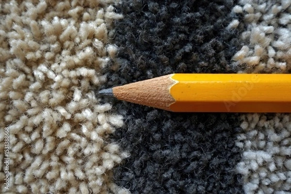 Fototapeta Close-up of a yellow pencil on a textured beige and gray carpet