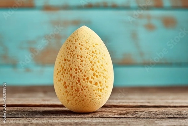 Fototapeta Yellow sponge egg on rustic wood, teal backdrop