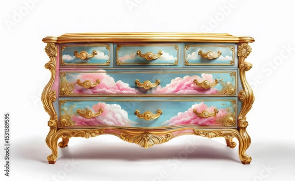 Obraz Vintage Dresser Victorian or Baroque style with delicate decoupage paper of floral elements and clouds, collage of flowers. Retro Furniture element on white background