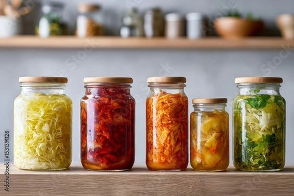 Fototapeta A row of glass jars filled with various types of food, including pickles