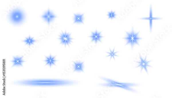 Fototapeta Neon flash with rays or blue spotlight and bokeh. Blue lens flares set. Magic blue glow light effect. Vector. PNG
