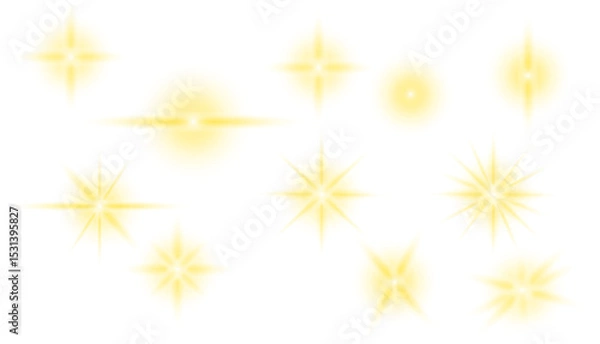 Fototapeta Sun flash with rays or gold spotlight and bokeh. Gold lens flares set. Magic yellow glow light effect. Vector. PNG