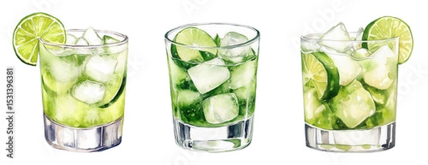 Fototapeta Caipirinha cocktail with lime slices and ice cubes in short glass. Watercolor illustration isolated on transparent background. Brazilian drink with cachaca