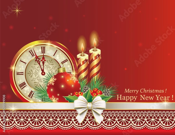 Obraz Happy New Year. Christmas background with clock, candles and ball on red background with fir branches decorated with ribbon and ornament. Vector illustration