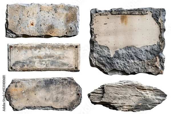 Fototapeta Collection of six empty stone and metal plates, showing weathering and age, isolated on transparent background