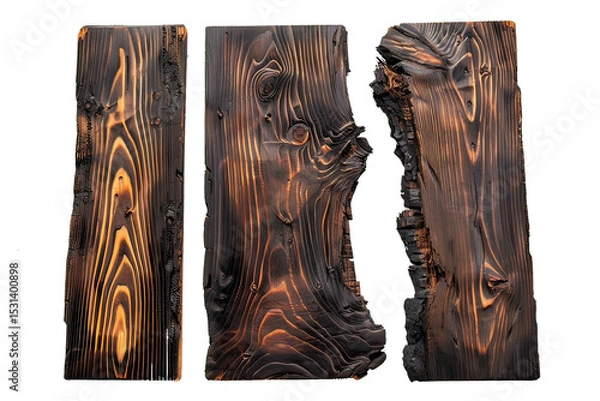 Fototapeta Studio shot featuring three charred wood planks with distinct grain patterns, isolated on a transparent background