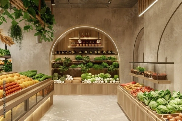 Fototapeta Fresh produce displayed on stylish wooden shelves and illuminated by warm lighting in a modern grocery store