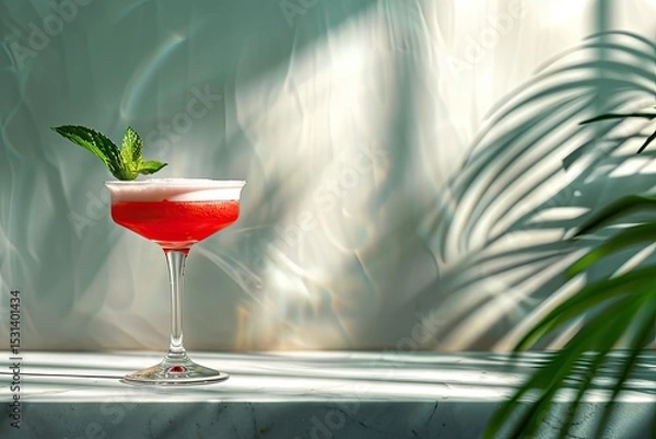 Fototapeta Refined crimson cocktail adorned with white foam, mint garnish, resting on marble beside palm leaf silhouette