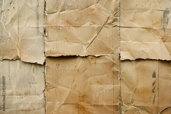 Fototapeta Vintage sewing pattern showing folded and torn paper with numbers and lines creating a textured background