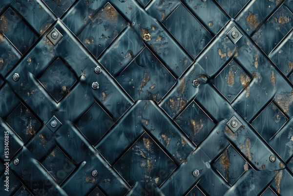 Fototapeta Dark metal plates bolted closely, interweaving with rusty, weathered texture