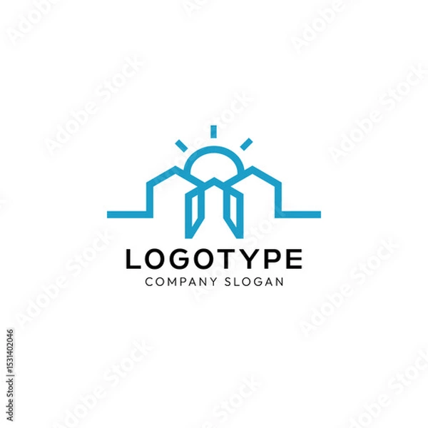 Fototapeta Houses logo with sun in vector. City logo in vector. Logo in line style.