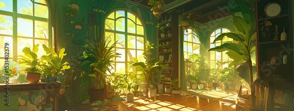 Fototapeta Sunlight illuminates lush green plants in pots arranged artfully in a tranquil room, creating a serene indoor oasis