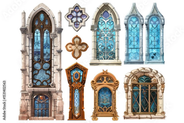 Fototapeta Different windows and decorative elements with blue stained glass, perfect for fantasy games or illustrations, on transparent background