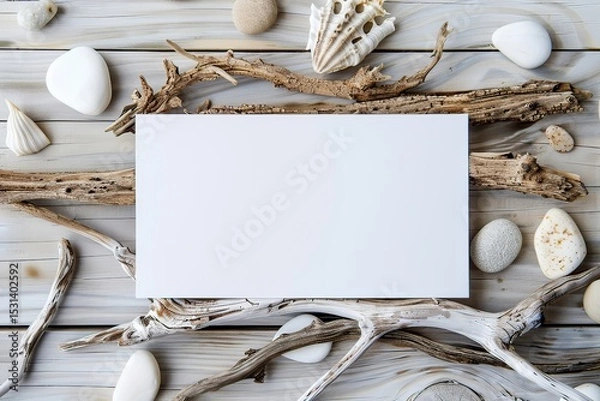 Fototapeta Summer stationery mock-up scene with blank paper card on whitewashed wood background with driftwood and seashells, flat lay, top view