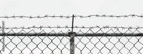Fototapeta Close-up of a security fence featuring barbed wire and chain link, emphasizing safety and restricted access