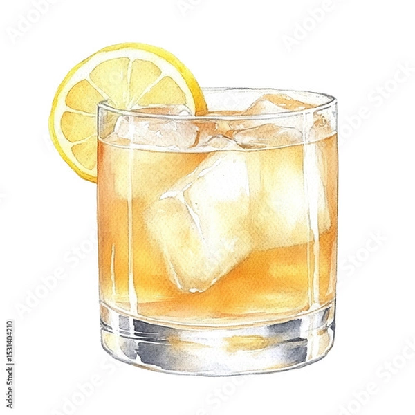 Fototapeta Penicillin cocktail with ice cubes and orange slice garnish in a short glass. Watercolor illustration isolated on transparent background. Whisky-based drink