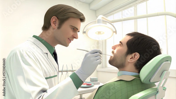 Obraz Dentist examining a patient with a focused expression in a bright dental clinic