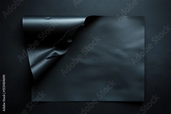 Fototapeta White card with black paper curled on top, blank sheet of white cardboard on a dark background