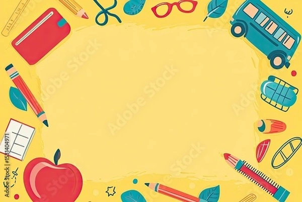 Fototapeta Back-to-school themed border.  Colorful stationery, school bus, apple, and leaves arranged around a light yellow background
