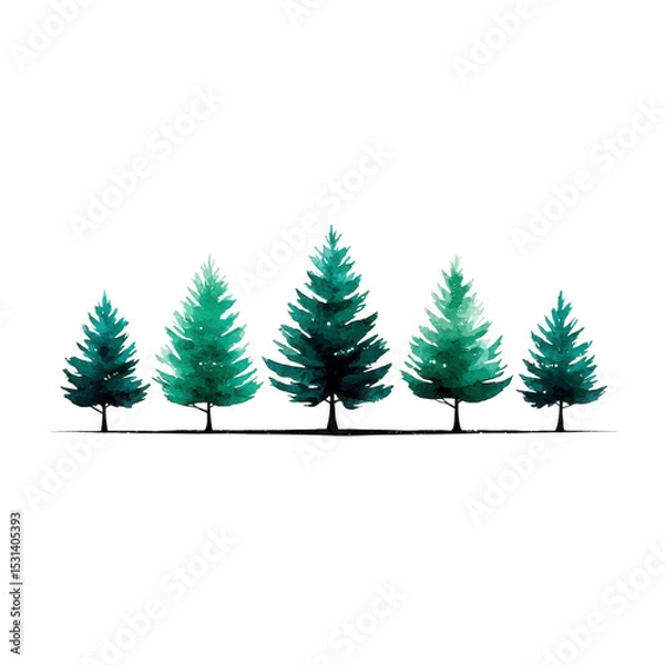 Fototapeta Row of watercolor evergreen trees in varying sizes creates serene and natural scene, evoking sense of tranquility and connection to nature