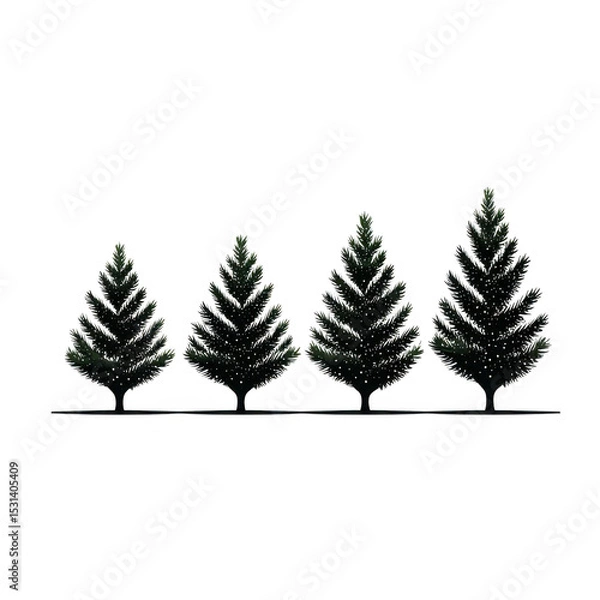 Obraz Four stylized pine trees are arranged row, each with symmetrical, triangular shape and detailed branches. trees are depicted minimalist, monochrome style, creating serene and natural atmosphere