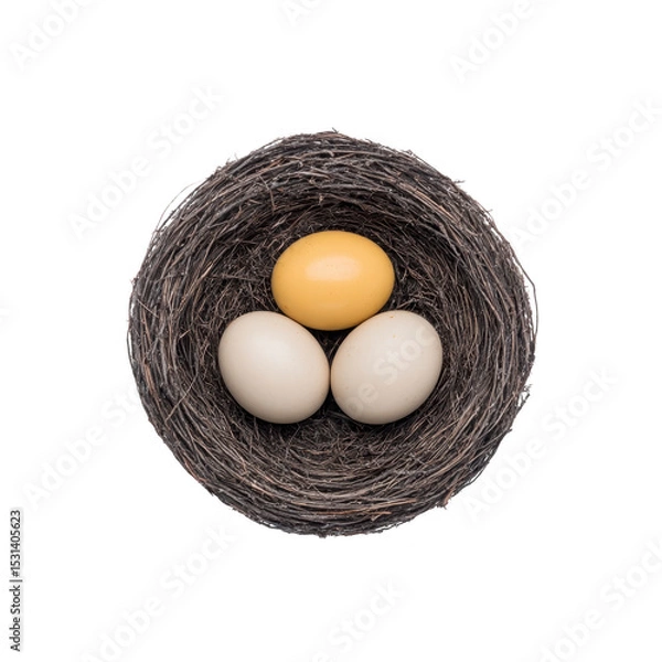 Fototapeta Bird nest containing two white eggs and one golden egg, symbolizing uniqueness and value, is set against plain background. nest is crafted from twigs, creating natural and rustic appearance