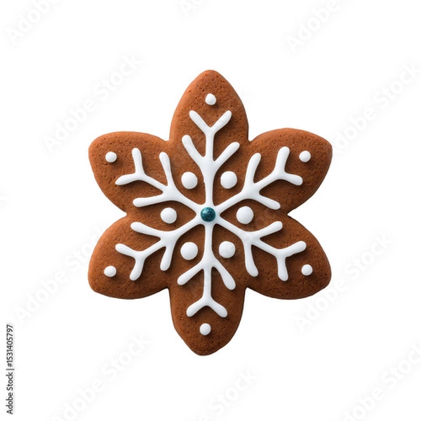 Fototapeta Beautifully decorated gingerbread cookie in shape of snowflake with intricate white icing details, perfect for festive occasions