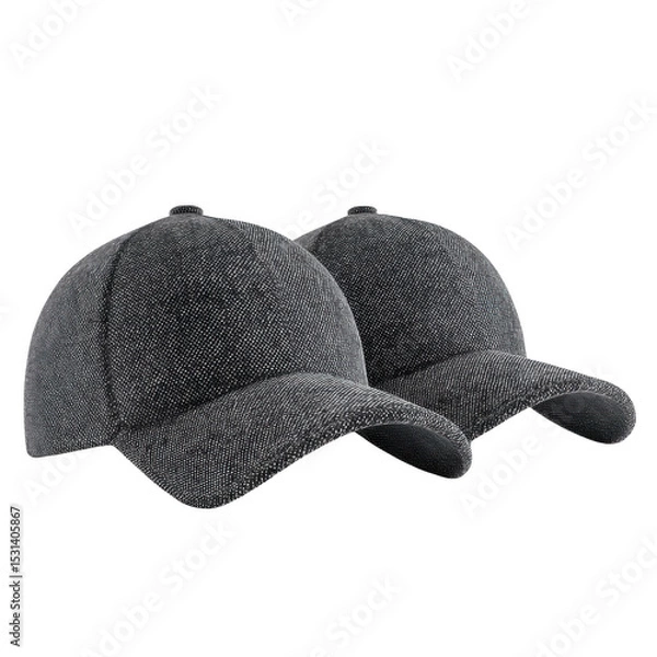 Fototapeta Two gray baseball caps are displayed side by side, showcasing their curved brims and textured fabric. caps appear identical, emphasizing casual and sporty style suitable for everyday wear
