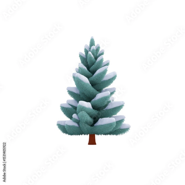 Fototapeta Snow covered evergreen tree stands tall, its branches layered with fresh white snow, evoking serene winter atmosphere