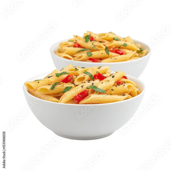 Fototapeta Two bowls of penne pasta garnished with fresh basil and cherry tomatoes, seasoned with black pepper, create vibrant and appetizing presentation