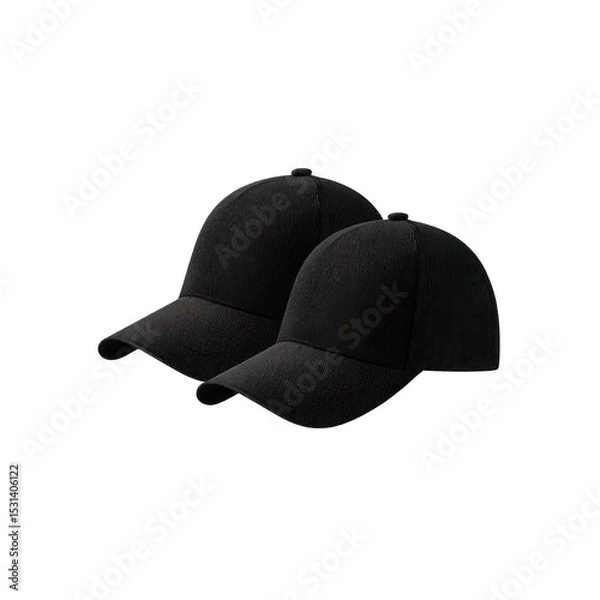 Fototapeta Two black baseball caps are placed side by side, showcasing simple and classic design. caps have curved brim and adjustable strap at back, suitable for casual wear