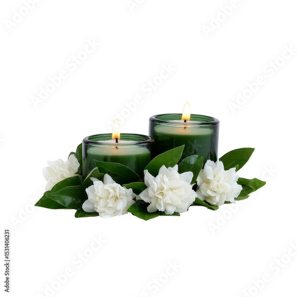 Fototapeta Two green candles are lit, surrounded by white flowers and green leaves, creating serene and calming atmosphere. arrangement is perfect for relaxation or meditation settings